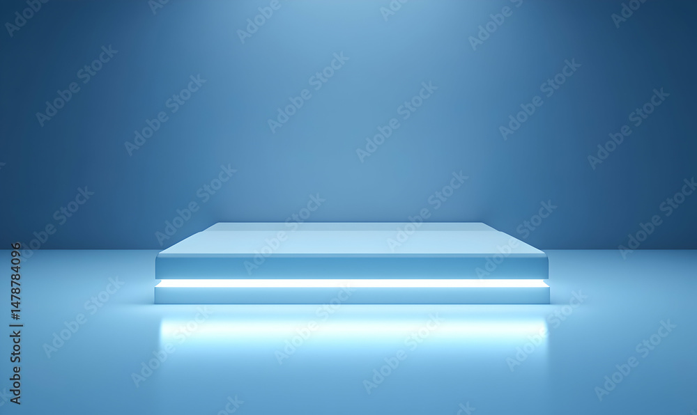 Poster minimalist blue platform with subtle lighting, perfect for product display or abstract backgrounds. 