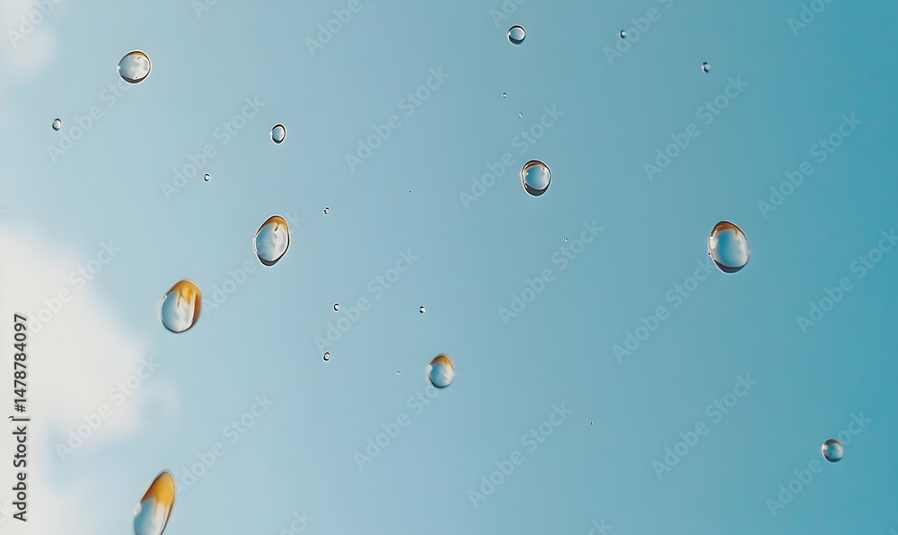 Poster water droplets falling against a bright blue sky, creating a refreshing and serene image. perfect fo