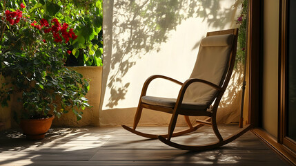 Obraz premium Tranquil moment of respite with a rocking chair in sunlight and lush plants
