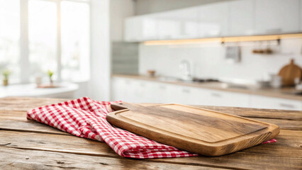 In a food preparation setting, a wooden cutting board sits atop a red and white checkered kitchen towel, with a bright, blurred modern white kitchen providing context.