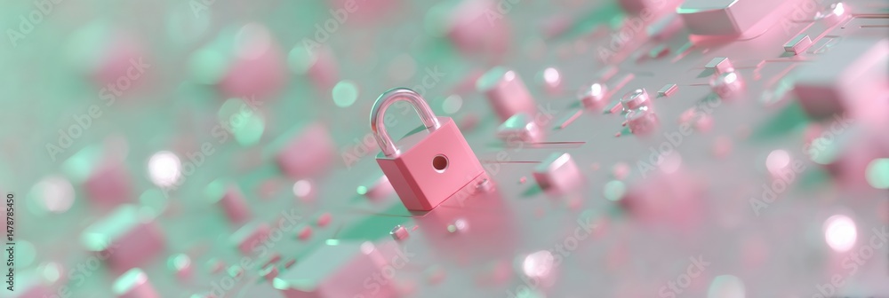 Leinwandbilder cybersecurity aesthetic pastel digital fortress visualization with soft-tone padlock floating throug