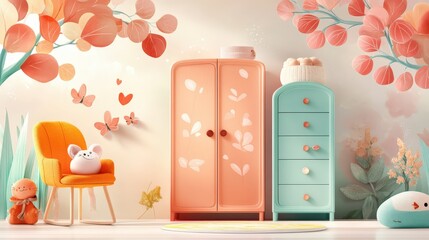 Whimsical cartoon Children's wardrobe wallpaper in a minimalist art style, blending simple forms, warm colors, and a cozy atmosphere.