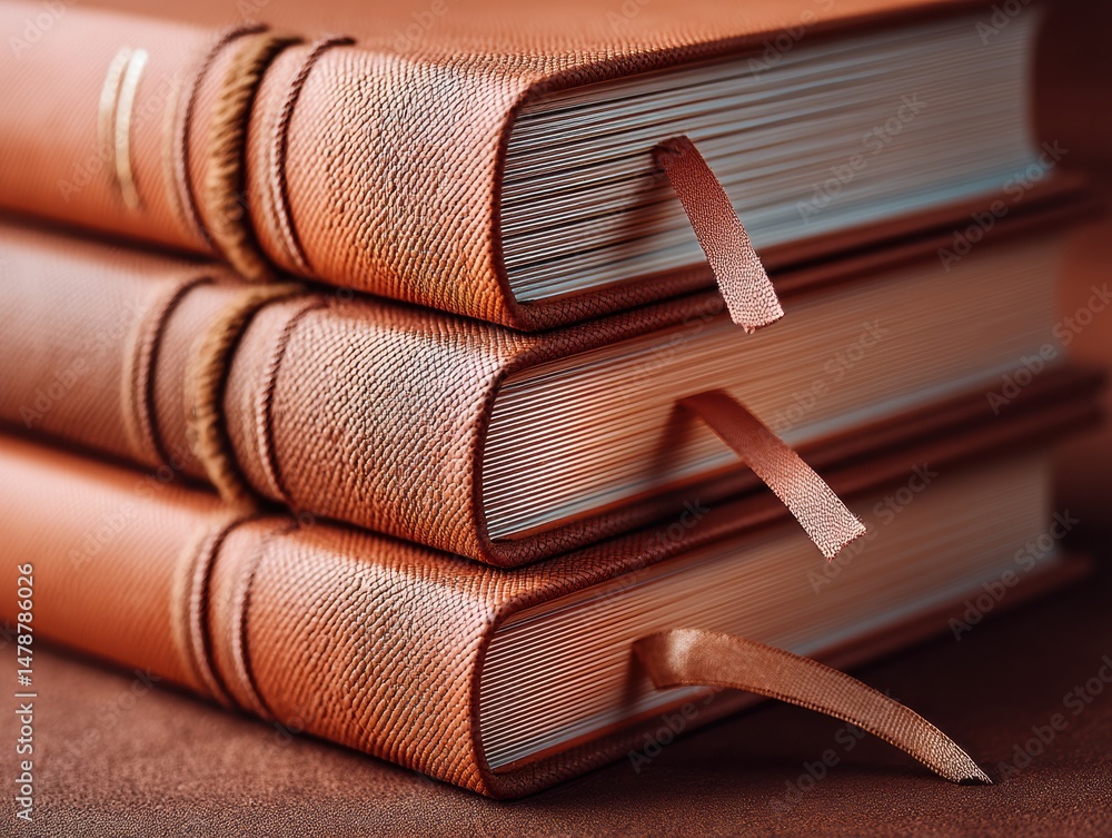 Poster Vintage Terracotta Library Collection Tactile Hardcover Book Stack with Elegant Ribbon Markers - Timeless Knowledge Preservation for Modern Learners