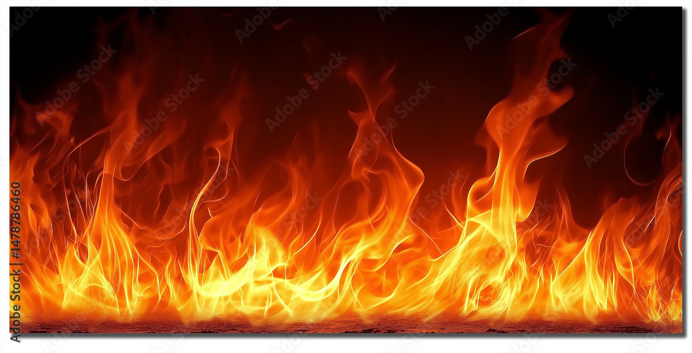 Poster abstract rectangular banner with golden flames on dark background, dynamic curves representing warmt