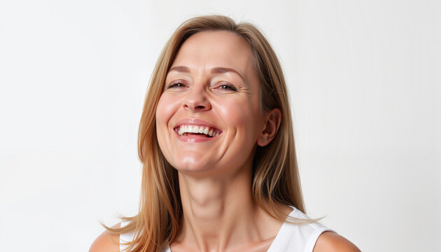 Smiling woman with natural look on white background for wellness blogs, skincare product ads, lifestyle branding and health awareness visuals

