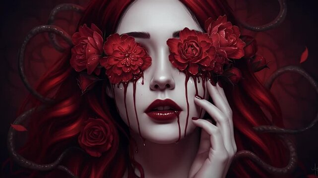 Surreal Portrait of a Woman with Rose-Covered Eyes and Flowing Red Hair