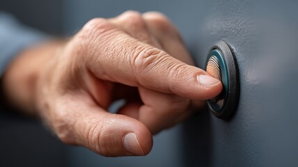 Fototapeta premium Finger Pressing a Modern Smart Doorbell Button for Home Security and Convenience