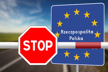 Poland sign and barrier with stop sign at the Polish border
