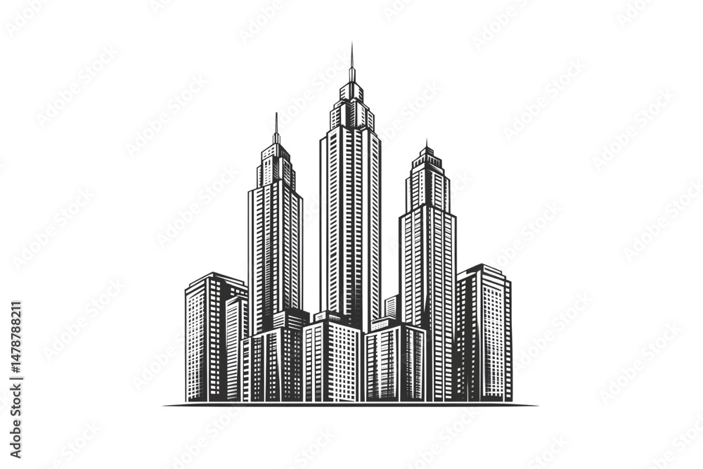 Poster a futuristic skyline featuring tall skyscrapers with intricate window patterns and spires, modern ur