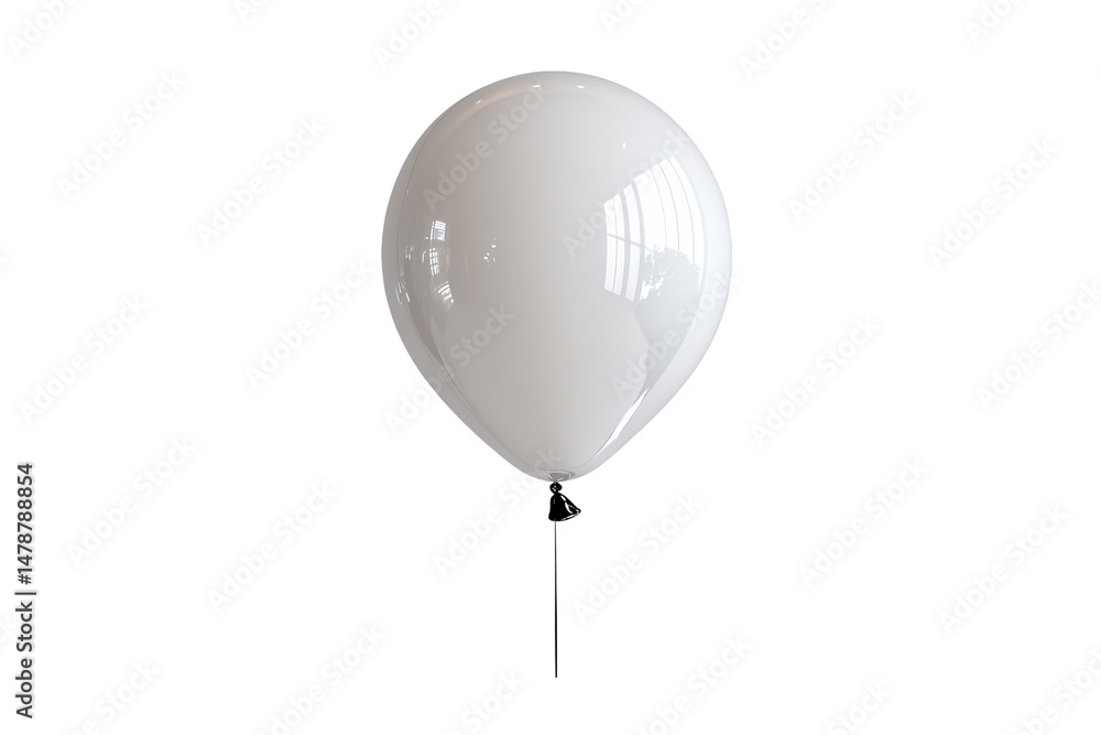 Poster a shiny white balloon reflecting window light, tied with a dark base and string, isolated on a trans