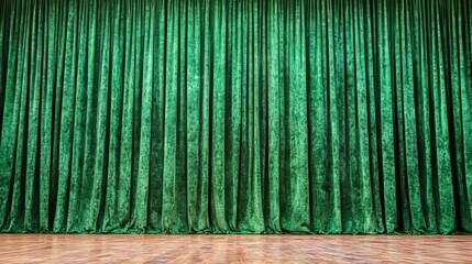Green Curtain Elegance: A rich, emerald-green curtain cascades gracefully, exuding a sense of luxury, drama, and anticipation. It hangs with elegant folds, offering a touch of sophistication.