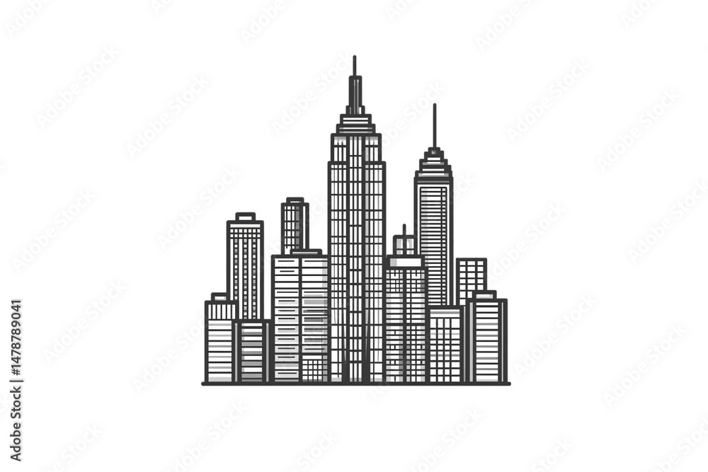 Poster a stylized city skyline with skyscrapers in varying heights and rectangular window patterns, isolate