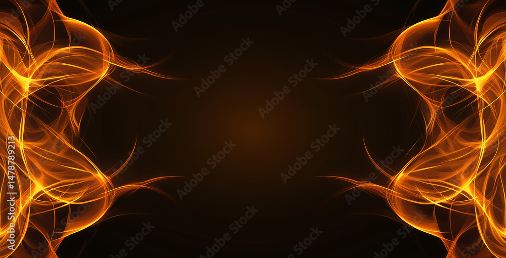Poster abstract rectangular banner with golden flames on dark background, dynamic curves representing warmt