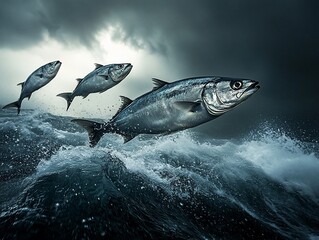 Fototapeta premium Fish leaps out of the stormy sea, capturing the dynamic strength of nature