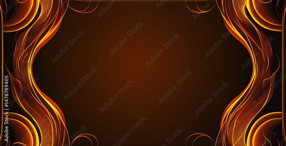 Poster abstract rectangular banner with golden flames on dark background, dynamic curves representing warmt