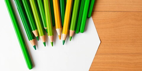 Obraz premium Vibrant green colored pencils arranged on white paper atop wood, close up, desk