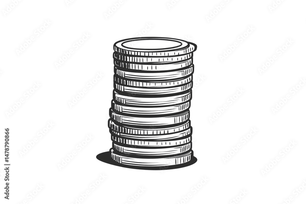 Poster neatly stacked round coins in a uniform pile, illustrated with rim textures and shadow underneath, i
