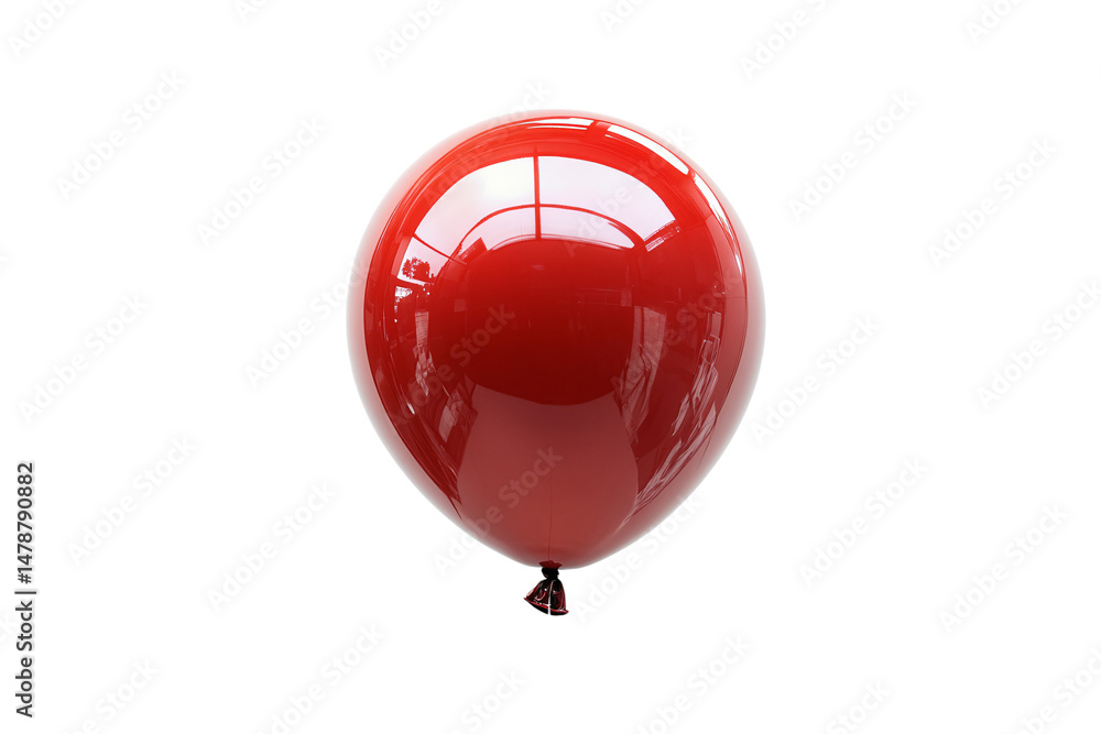 Poster red balloon reflecting surrounding environment with rounded shape and knot at base, isolated on a tr