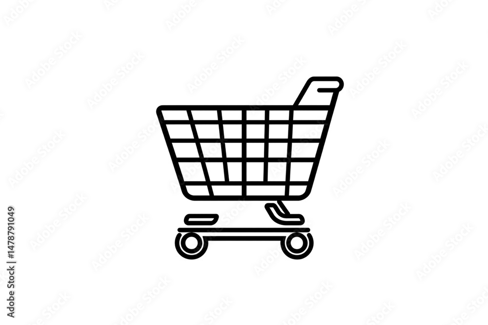 Poster simple wireframe shopping cart icon with vertical lines and front wheels, perfect for ecommerce them