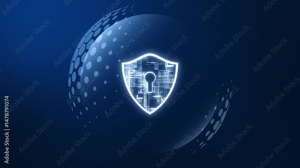 Poster digital spherical shield with hexagon pattern and energy field surface, representing cybersecurity, 