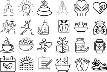 24 icon set on meditating person vector illustration isolated on transparent background.