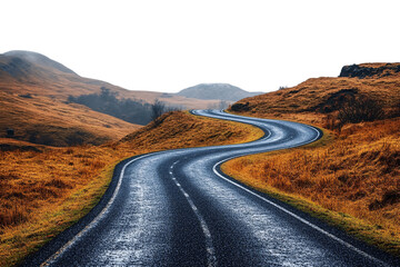 Twisting mountain road winds through golden-brown grassy hills with distant haze and cool shadows, isolated on a transparent background