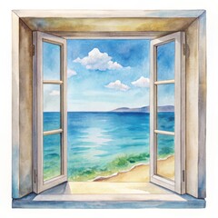 Watercolor painting of an open window overlooking the tranquil sea and sky