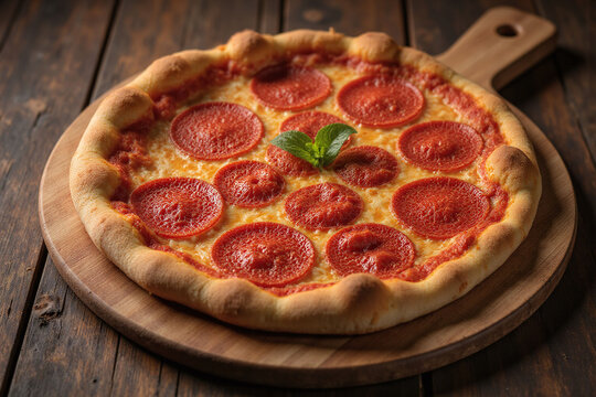 pepperoni pizza sitting on top of a wooden cutting board