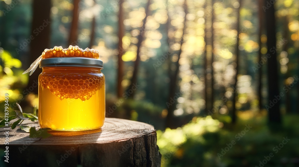 Poster honey jar with honeycomb resting on tree trunk in sunny forest