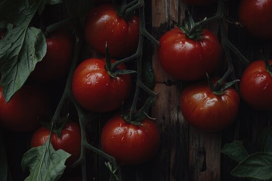 Fresh, vibrant tomatoes hanging from vines on a rustic wooden surface.  