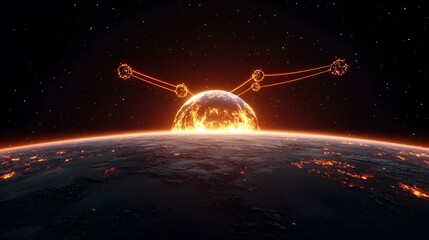 Naklejka premium A fiery planet, possibly a star, is seen rising over a dark, volcanic landscape, with three glowing celestial bodies connected by fiery trails in the dark space above.