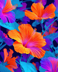 Explosion of tropical hibiscus flowers in vibrant orange and purple hues with bright blue leaves creating surreal and colorful floral scene
