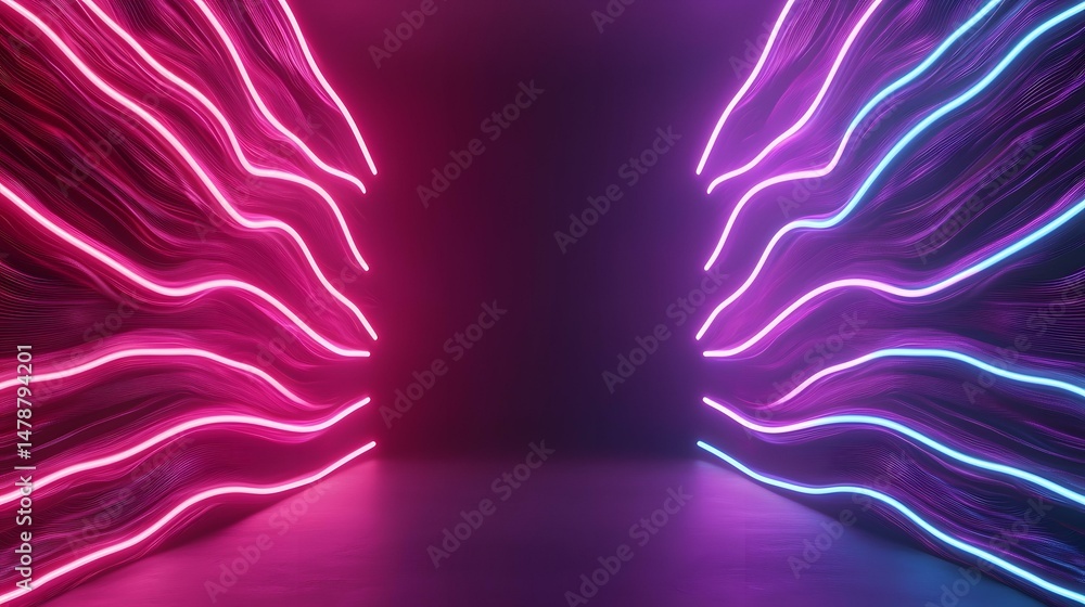 Poster the image contains a dark background with vibrant pink and blue neon lights forming wavy, dynamic li