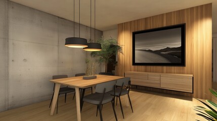 Modern dining area with wooden accents and concrete walls.