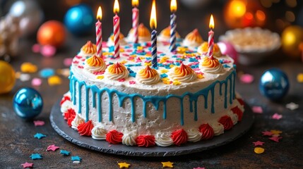 Delicious birthday cake with candles and sprinkles on a dark background.