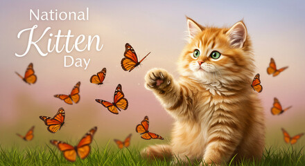Cute Kitten Playing with Butterflies in Spring Field for National Kitten Day