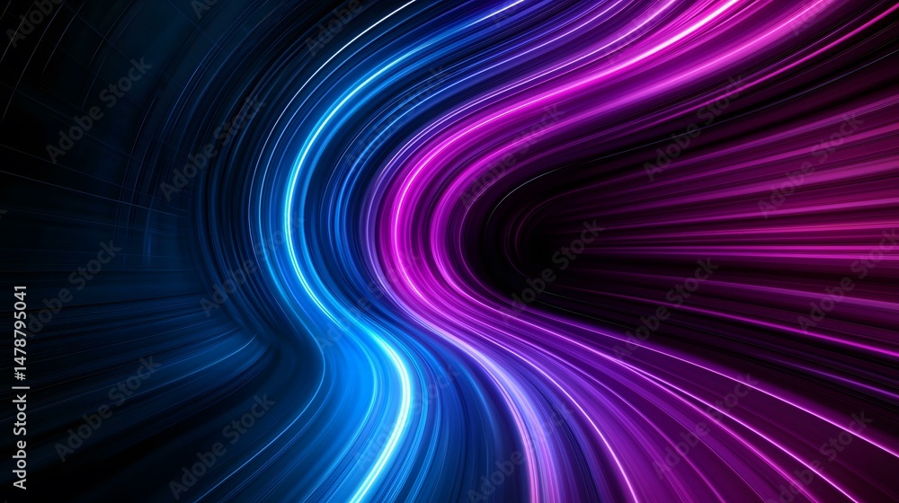 Poster the image contains vibrant, glowing, curved lines of blue and purple, creating an abstract design th