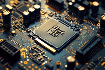 Close-up of a circuit board with a central processing unit.  Complex electronic components and intricate circuitry are visible