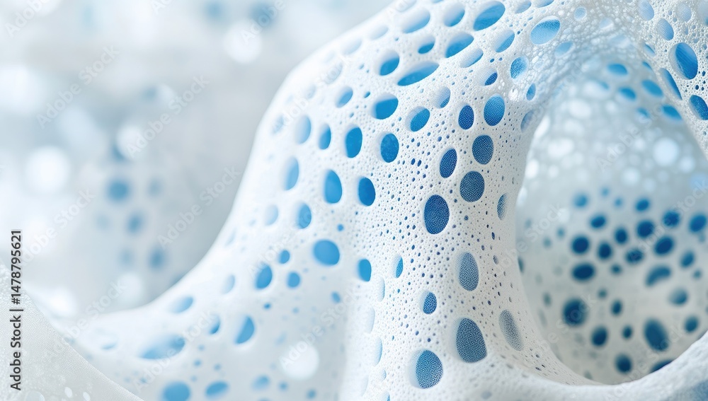 Poster abstract, organic, foam-like structure with intricate, repeating patterns of circular holes. soft bl