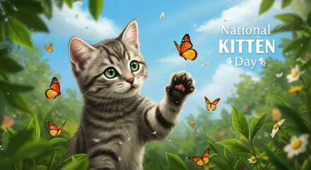 Cute Kitten Playing with Butterflies in Spring Field for National Kitten Day