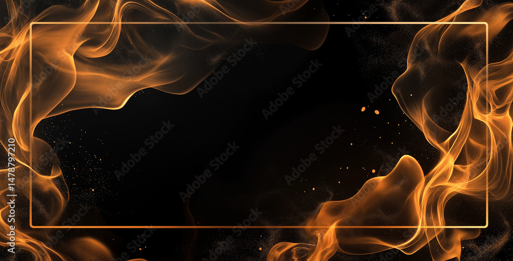 Poster abstract rectangular banner with golden flames on dark background, dynamic curves representing warmt