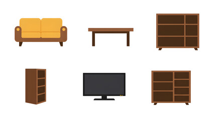 Furniture Set Sofa, Table, Bookcase, and TV