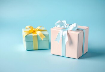 Obraz premium Two pastel gift boxes, delicately wrapped, on a soft blue background, object, product