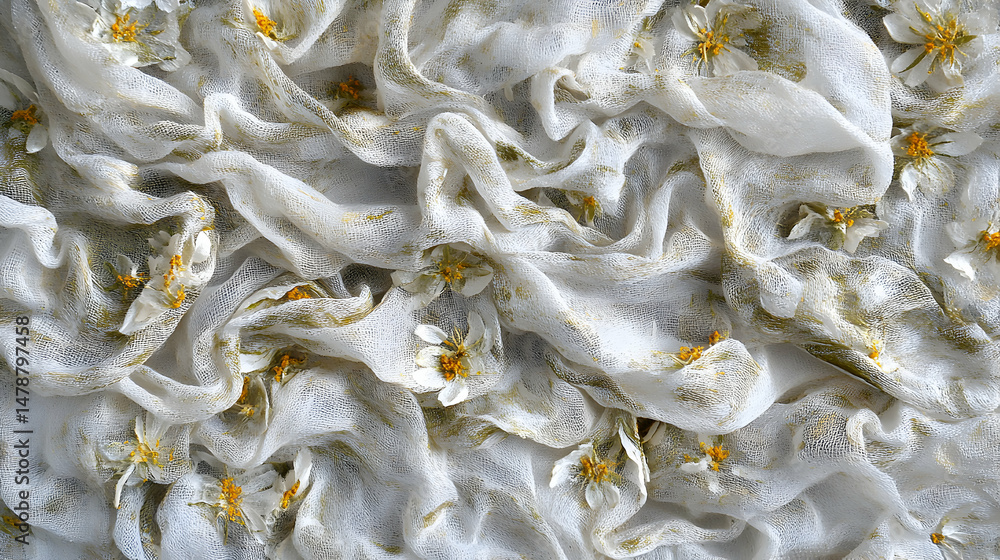 Poster delicate white gauze fabric draped with pressed flowers, creating a textured and elegant background.