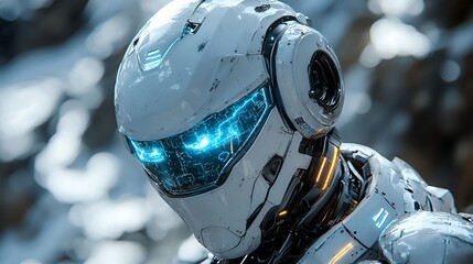 Close-up of a futuristic white robot's helmet with glowing blue eyes.