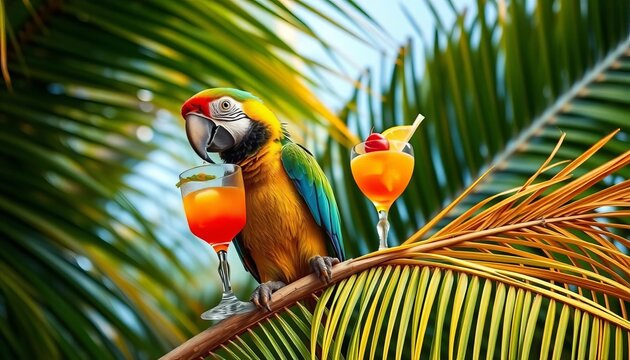 Tropical parrot on palm tree, sipping cocktail, wildlife, sun