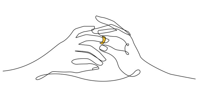 Hands with Wedding Ring One Line Art Drawing. Minimalistic Linear Illustration of Hand with Wedding Ring. One Line Vector Art for Modern Design.