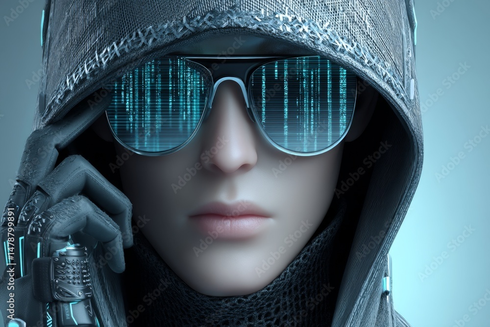 Poster a cyberpunk hacker showing superhuman ability in a glowing digital world surrounded by data streams