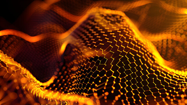 Abstract golden hexagonal network with glowing nodes and blurred background creating a depth effect