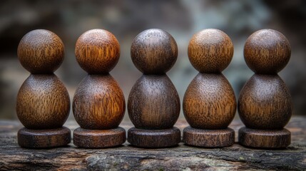 Wooden Figurines in a Row: A group of five rustic wooden figurines arranged in a row on a weathered wood surface. The figurines, each with a rounded body and simple features.